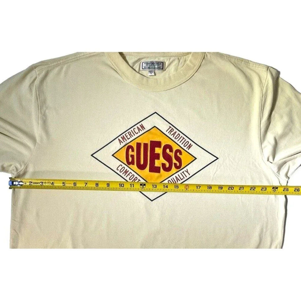 Guess Originals Butter Yellow Logo T Shirt Textured Varsity Graphic XL Cotton - Picture 6 of 8